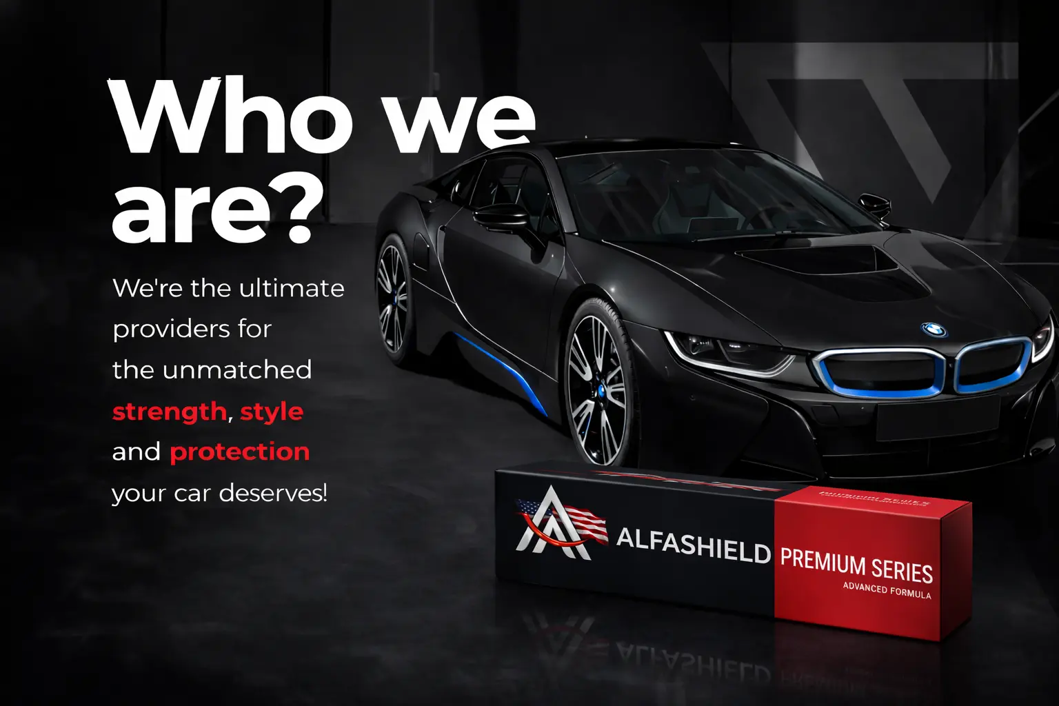 AlfaShield PPF premium paint protection film showcase with black BMW sports car and product box, highlighting strength, style, and advanced car protection.