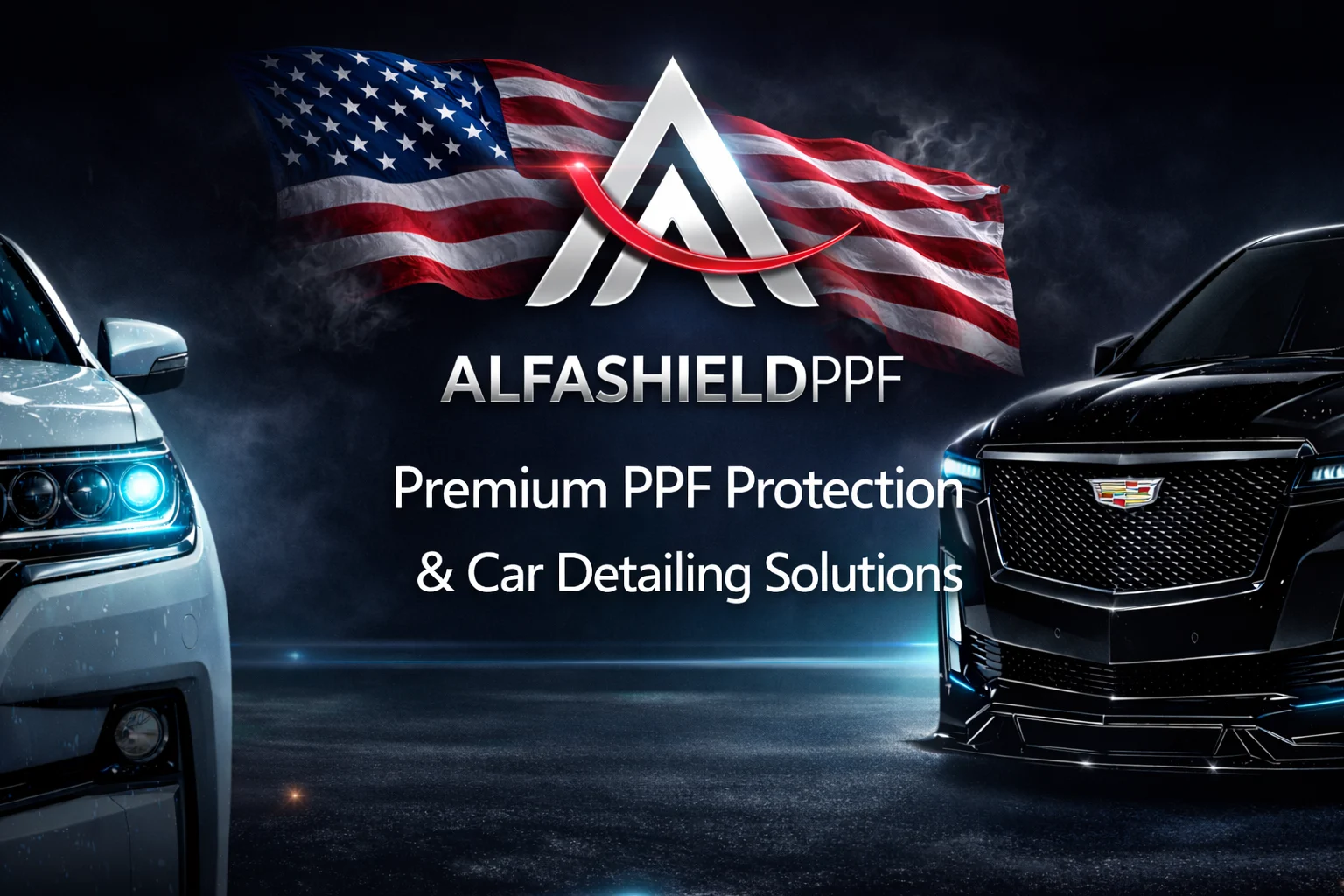 AlfaShield PPF premium paint protection and car detailing banner featuring luxury cars with American flag background, highlighting advanced PPF protection and detailing solutions.