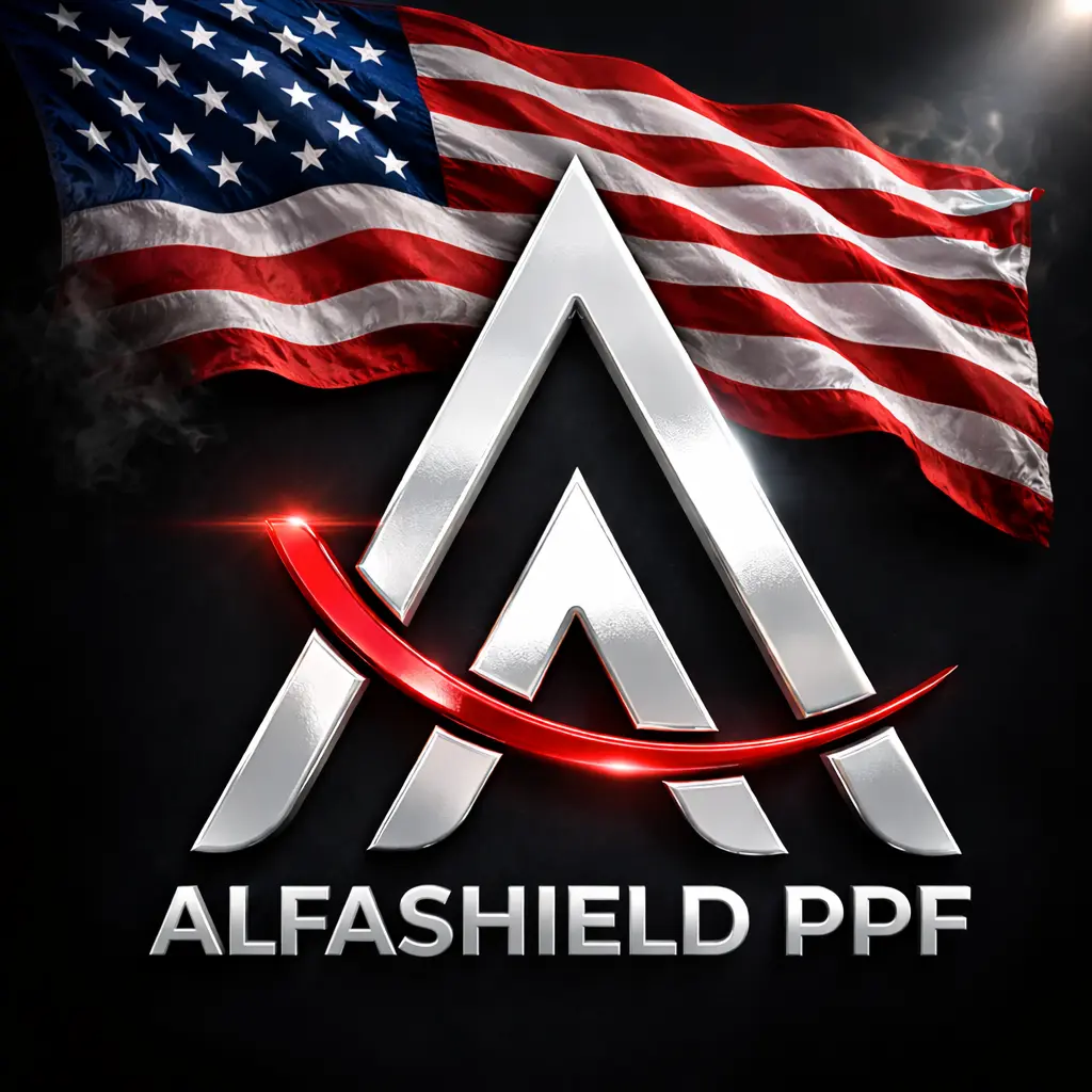 AlfaShield PPF logo with a metallic “A” design and red accent, set against a waving American flag background, representing premium paint protection film branding.