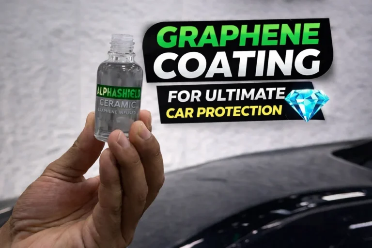 Hand holding AlphaShield ceramic graphene coating bottle with text “Graphene Coating for Ultimate Car Protection” over a glossy car surface background.