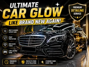 Premium car detailing advertisement showing a glossy black luxury car with ultimate shine, highlighting services like deep cleaning, paint protection, and high gloss finish by Alfashieldppf.