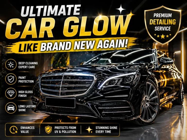 Premium car detailing advertisement showing a glossy black luxury car with ultimate shine, highlighting services like deep cleaning, paint protection, and high gloss finish by Alfashieldppf.