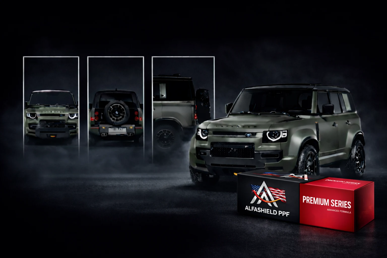 AlfaShield PPF premium paint protection film showcase featuring Land Rover Defender in multiple angles with product box, highlighting advanced TPU protection, durability, and high gloss finish.