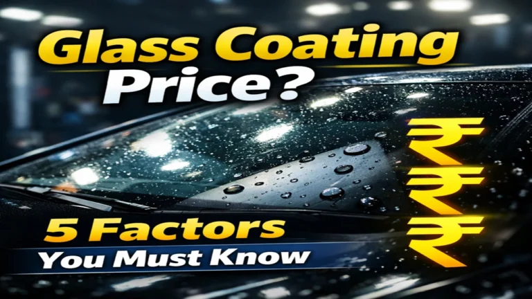 Glass coating price thumbnail showing car windshield with water droplets, highlighting 5 factors that affect automotive glass coating cost with rupee symbols