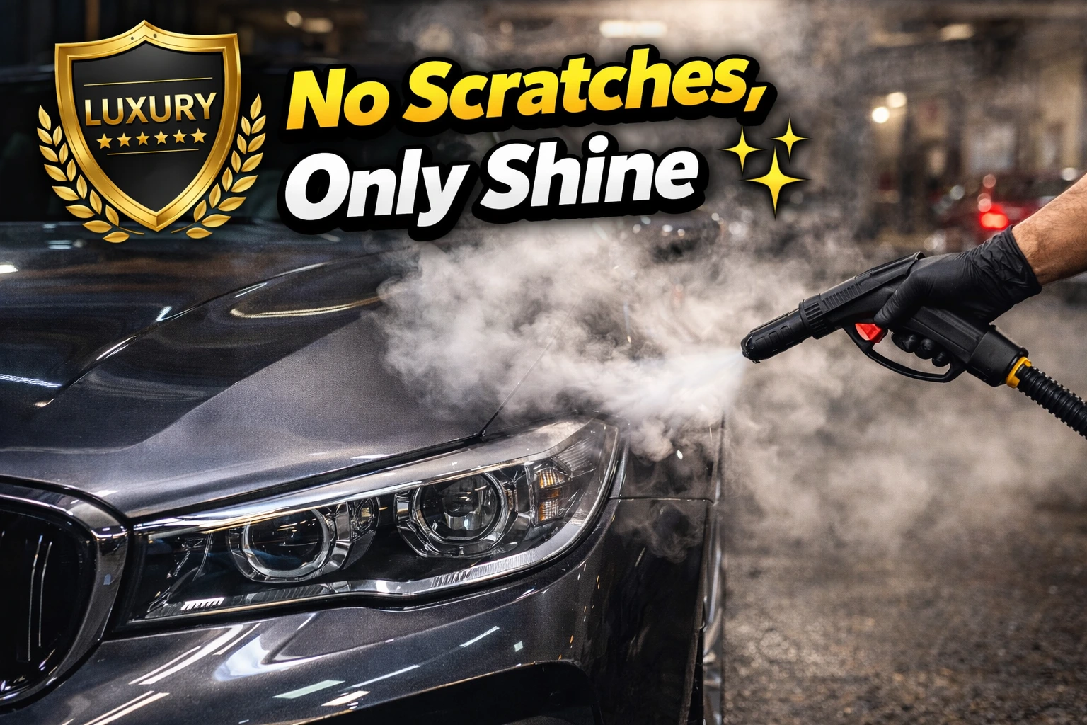 Luxury car being cleaned with steam detailing showing scratch-free finish with the text "No Scratches, Only Shine" highlighting premium car care service.