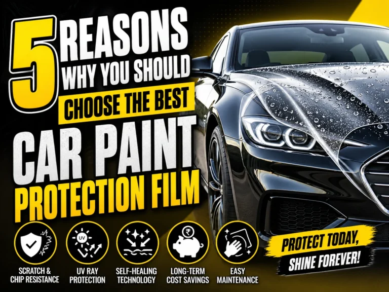 Black luxury car with glossy finish and water droplets, showcasing paint protection film (PPF). Bold text reads “5 Reasons Why You Should Choose the Best Car Paint Protection Film” with icons highlighting scratch resistance, UV protection, self-healing technology, cost savings, and easy maintenance.