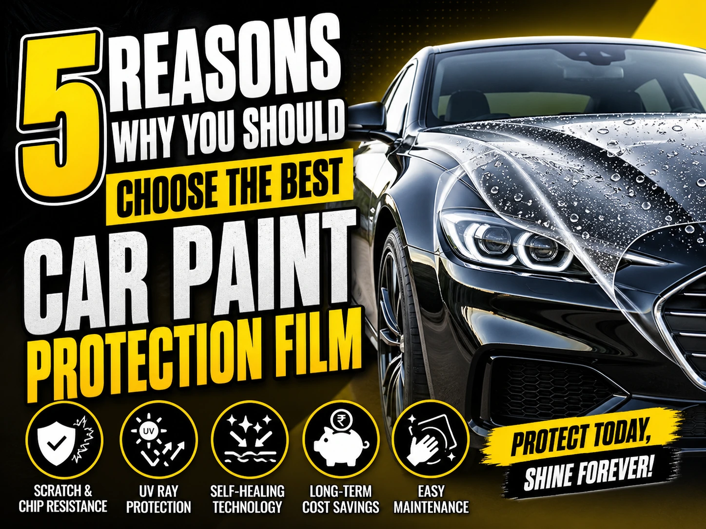 Black luxury car with glossy finish and water droplets, showcasing paint protection film (PPF). Bold text reads “5 Reasons Why You Should Choose the Best Car Paint Protection Film” with icons highlighting scratch resistance, UV protection, self-healing technology, cost savings, and easy maintenance.