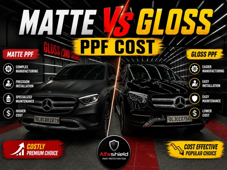 Matte vs Gloss PPF cost comparison thumbnail showing two black cars with matte and glossy finishes, highlighting differences in manufacturing, installation, maintenance, and pricing with Alfashield branding.
