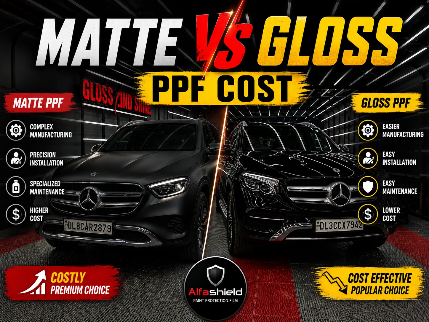 Matte vs Gloss PPF cost comparison thumbnail showing two black cars with matte and glossy finishes, highlighting differences in manufacturing, installation, maintenance, and pricing with Alfashield branding.