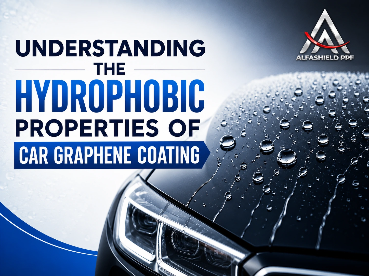 Black luxury car with water droplets showcasing hydrophobic graphene coating effect, featuring Alfashield PPF logo and bold text “Understanding the Hydrophobic Properties of Car Graphene Coating”.