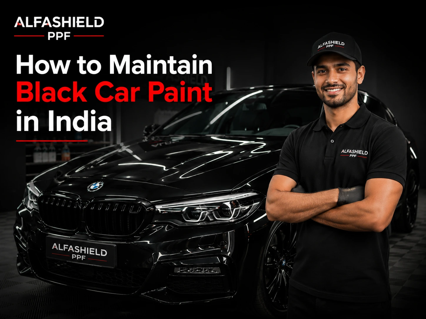 A professional promotional banner featuring a glossy black luxury car inside a dark detailing studio with a smiling man wearing a black Alfashield PPF t-shirt and cap. The image includes the title “How to Maintain Black Car Paint in India” in bold white and red text, along with Alfashield PPF branding and dramatic black shadow lighting for a premium automotive look.