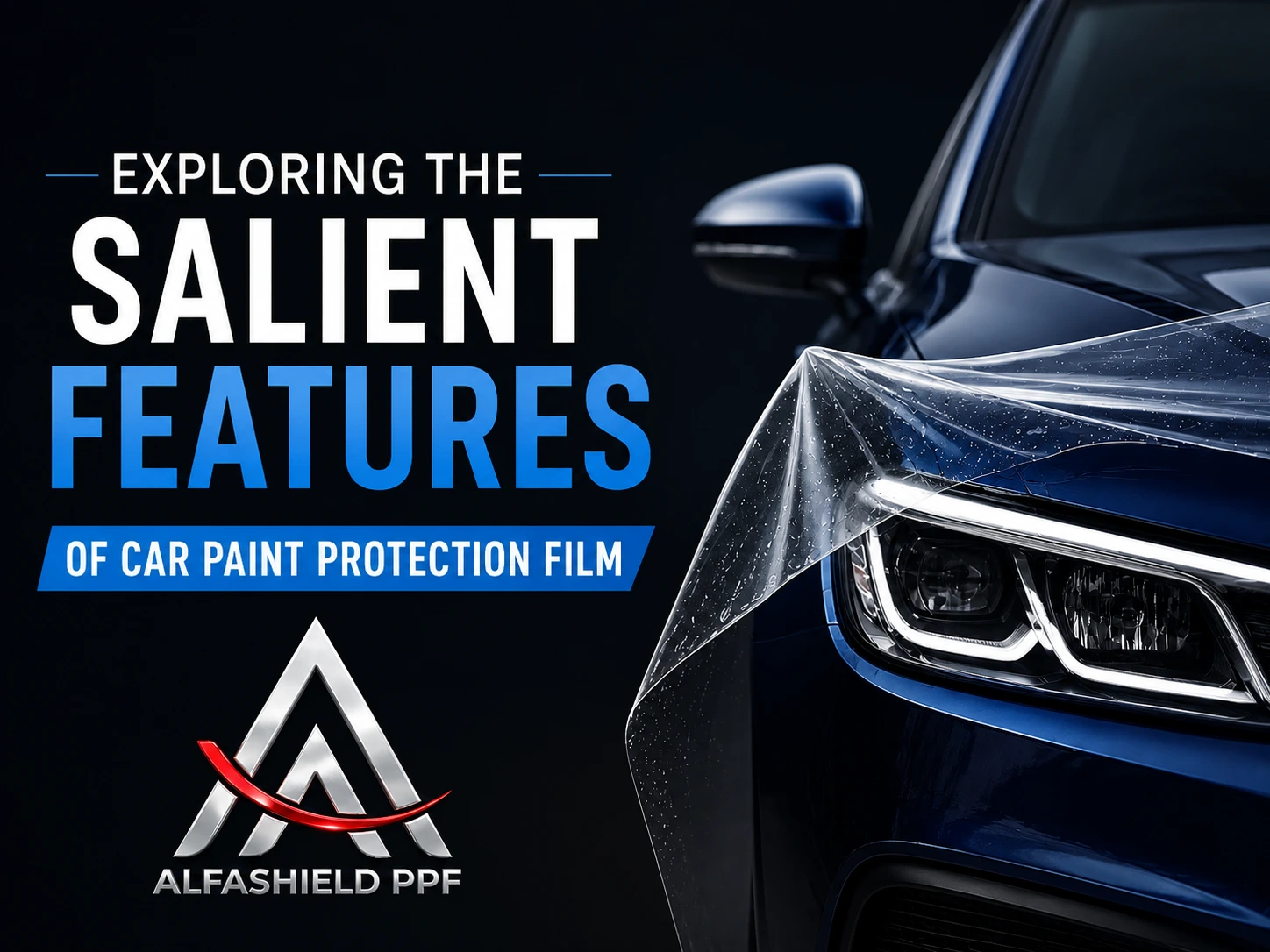Luxury car with transparent paint protection film being applied on the headlight and bonnet, featuring Alfashield PPF branding and the title “Exploring the Salient Features of Car Paint Protection Film.”