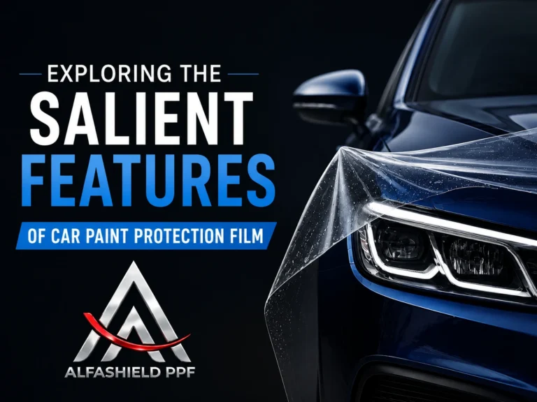 Luxury car with transparent paint protection film being applied on the headlight and bonnet, featuring Alfashield PPF branding and the title “Exploring the Salient Features of Car Paint Protection Film.”