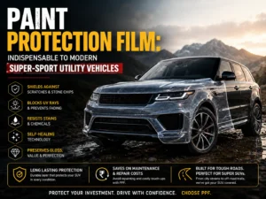 Luxury black super SUV with transparent paint protection film showcased in a premium Alfashieldd PPF advertisement, highlighting scratch resistance, UV protection, self-healing technology, and long-lasting paint protection for modern sport utility vehicles.