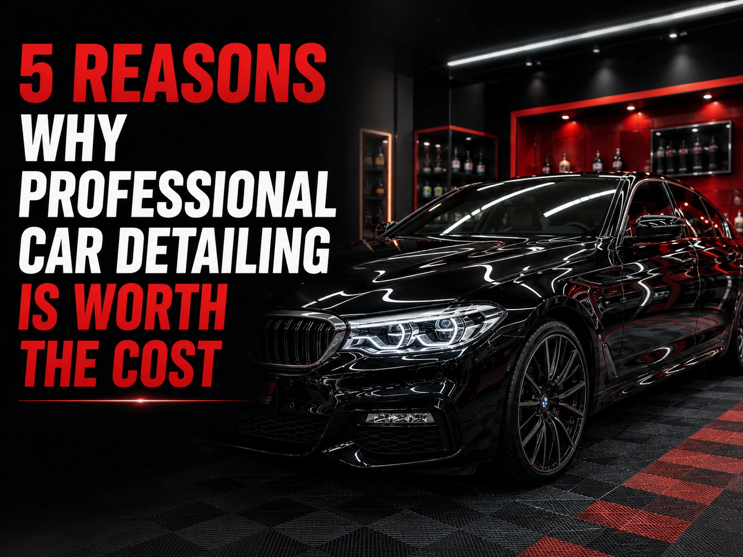Luxury black car parked inside a premium car detailing studio with a dark red and black theme background. Bold typography on the left side reads “5 Reasons Why Professional Car Detailing Is Worth the Cost.” The image features glossy reflections, modern lighting, and a high-end automotive detailing atmosphere.