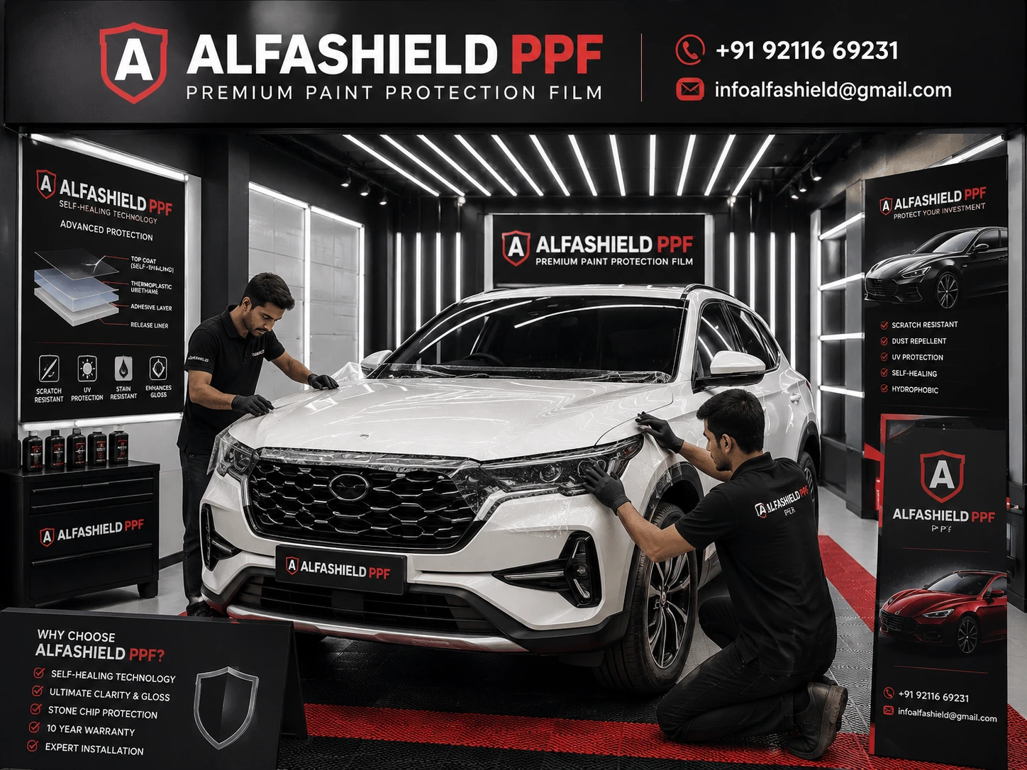 “Modern Gloss and Shine Dwarka car detailing studio featuring Alfashield PPF branding with premium LED lighting design, luxury detailing bay, and professional automotive paint protection setup in Delhi.”