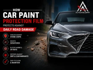 "Alfashield PPF car paint protection film protecting a luxury black car from daily road damage, stone chips, scratches, UV rays, dirt, and contaminants with advanced transparent paint protection technology."