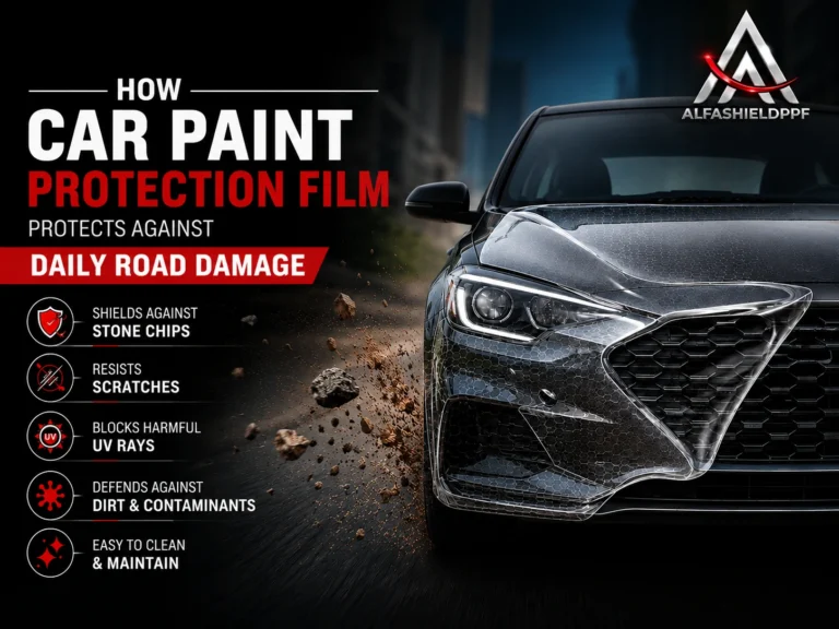 "Alfashield PPF car paint protection film protecting a luxury black car from daily road damage, stone chips, scratches, UV rays, dirt, and contaminants with advanced transparent paint protection technology."